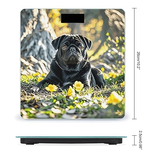 Cute Black Pug Dog Weight Scale Large Digital Bathroom Scales with Bright LED Display Non Slip Digital Scale and Step On Fashion Weighing Machine for Body