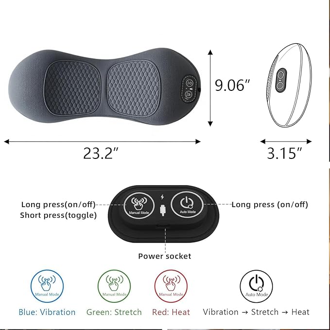 3-Mode Back Massager with Heat Vibration &amp Traction Lumbar Pillow - Relieve Lower Back &amp Sciatica Pain for Home Office &amp Car