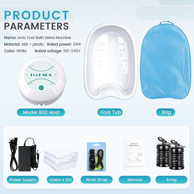 Ionic Foot Bath Detox Machine Portable Foot Detox Machine Ion Cleanse Bath System with Stroage Bag 100 Spa Liners Spa at Home Detox
