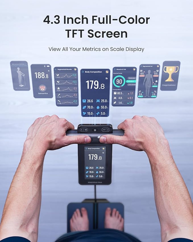 RENPHO Smart Scale for Body Weight 8-Electrode Body Composition Scale with BMI Body Fat Muscle Mass Rechargeable Body Fat Scale with Full-Color TFT LCD on Handle MorphoScan Nova Dark Blue