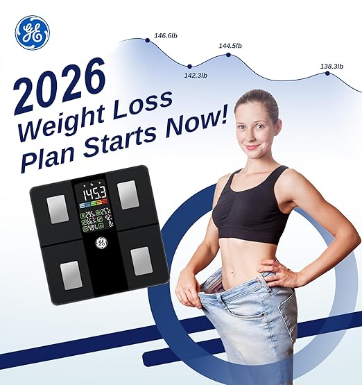 GE Scale for Body Weight Body Fat BMI Muscle Mass Smart Bathroom Scales with 14 Body Composition Metrics with Large Display Accurate Bluetooth Weighing Machine with Fitness App 400 lbs Black