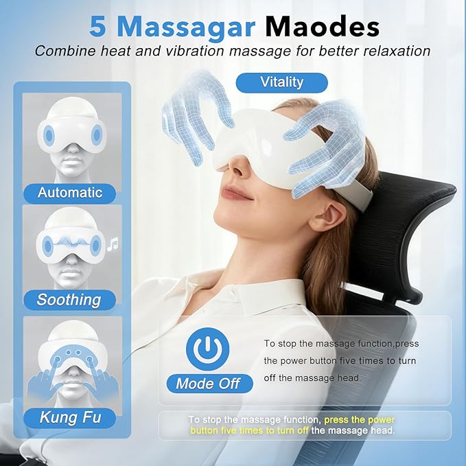 Eye Massager with Heat and Cooling for Migraines – 14 Massage Nodes for Eye Strain Relief Rechargeable Bluetooth Music Improve SleepEye Strain Relief Birthday Gifts for Women and Men(White)