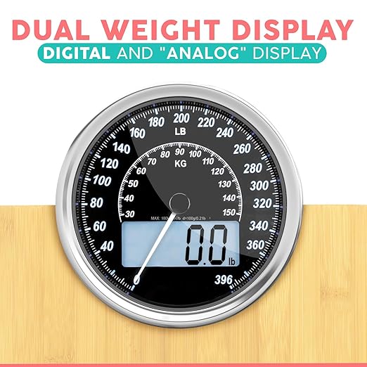 Adamson Hybrid 2-in-1 Analog &amp Digital Weighing Scale for Body Weight up to 400lbs - Thick Tempered Glass - Extra Large Display - Easy to Read Digital Bathroom Scale - Wood with White Backlight