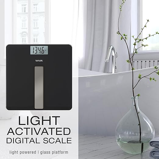 Taylor Light Powered Digital Bath Scale Large and Durable Platform Light Powered Panel with Endless Power No Batteries Needed Energy-Saving Easy to Use High 400 lb Capacity Black