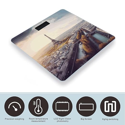 Aerial View of Paris Cityscape Digital Bathroom Scale for Body Weight with High Precision Digital Weighing Scale with BMI Clear LCD Display and Step-On Measures Weight Up to 180kg