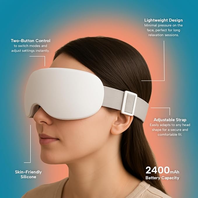 Eye Massager with Heat &amp Cooling | 12 Precision Massage Nodes | Bluetooth Music | 4 Massage Modes | 2400mAh Battery | Relaxation for Eye Strain Dry Eyes Stress &amp Headaches