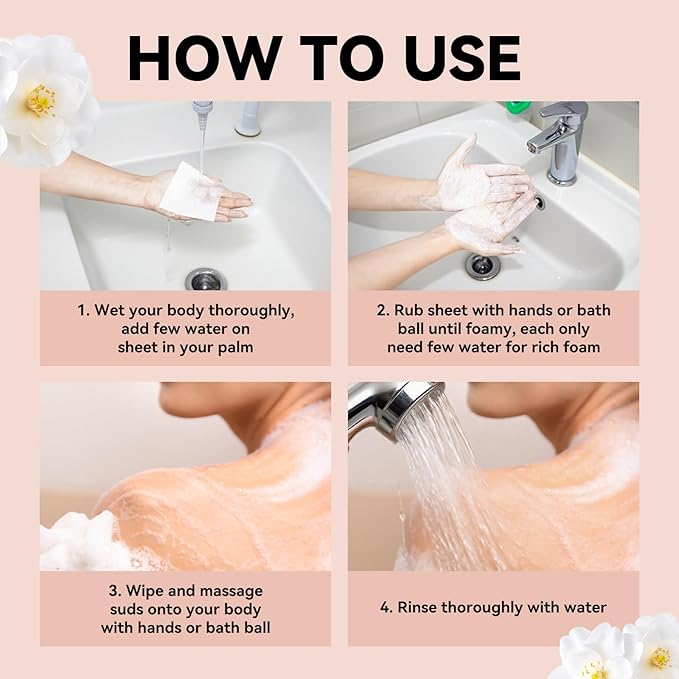 YUCO Travel Body Wash Sheets Travel Pack 25 SheetsIndividual Sachetfor Body WashCamellia Japonica ScentFor GymCampingVacationHotelsHospitalBusiness TripFlight Travel Essentials