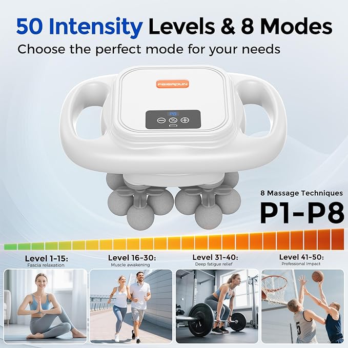 FEIERDUN 16-Head Massage Gun Set Deep Tissue Percussion Massager with 8 Modes &amp 50 Intensities Portable Quiet Muscle Massage Gun for Legs Waist Back Neck Buttocks Muscles Pain Relief White