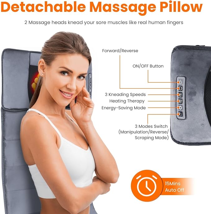 Full Body Massage Mat with Heat with Inflatable Head Pillow Electric Vibration Massage Pad Back Massager for Chair 10 Motors 9 Modes 3 Heat Levels Lumbar Pillow for Home Office Women Men Gift