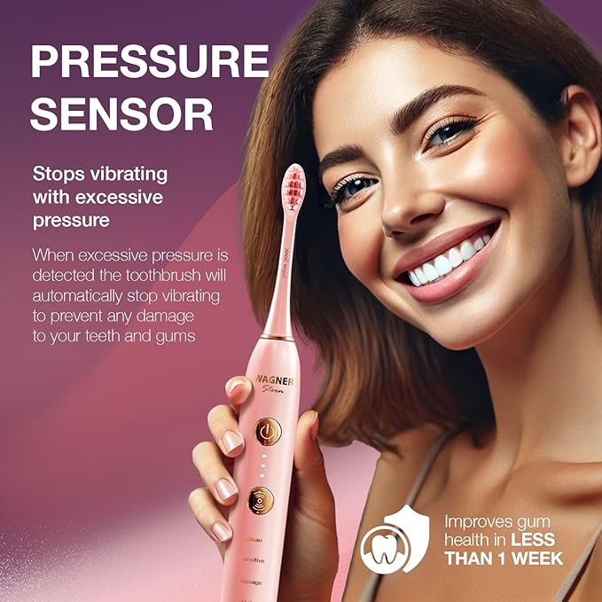Wagner Stern WHITEN+ Edition. Whitening Electric Toothbrush with Pressure Sensor. Offers 5 Brushing Modes 3 intensities 8 Soft Brush Heads and a Luxury Travel case.