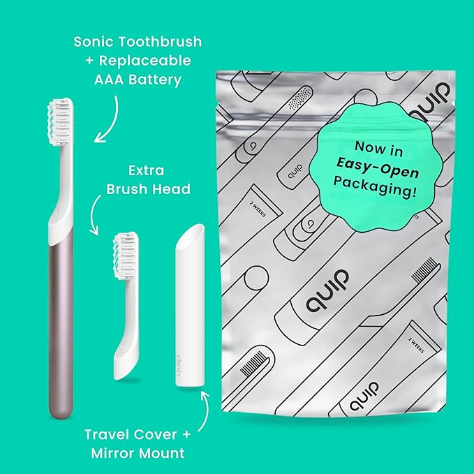 Quip Metal Sonic Electric Toothbrush for Adults - Time Travel &amp Soft Bristles with Travel Case &amp Replacement Brush Head - 3 Month Battery Life Plum