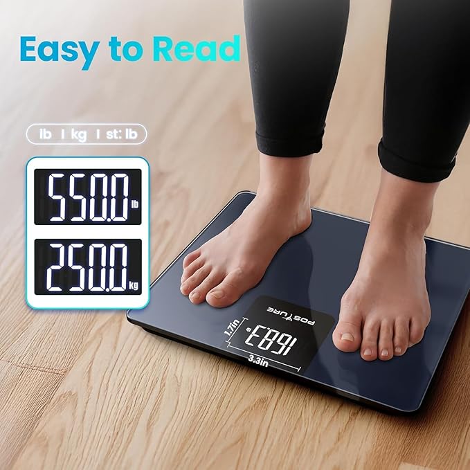 Posture 550lb Capacity Digital Bathroom Scale High Precision Body Weight Scale Extra Wide Platform Large LED Display and Durable 8mm Tempered Glass Platform for Home