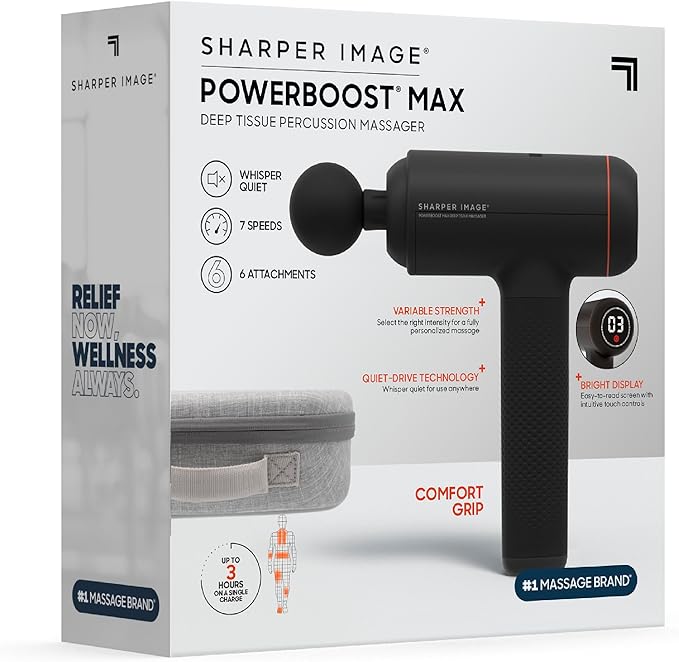 Sharper Image Deep Tissue Percussion Massage Gun Powerboost MAX Rechargeable Handheld Massager 7 Adjustable Speeds 6 Attachment Heads &amp Carrying Case Full Body Muscle Pain Relief Black