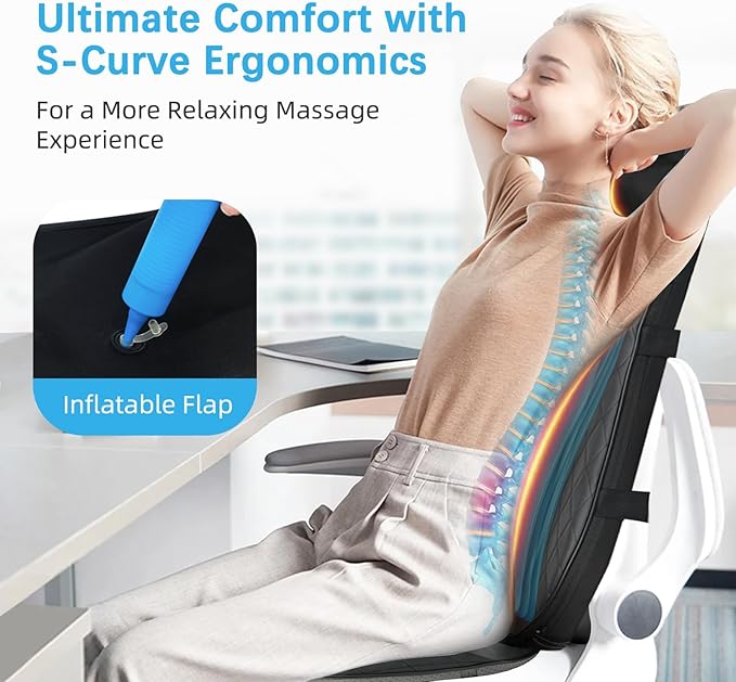 Shiatsu Neck &amp Back Massager with Heat Massage Chair Pad Cushion for Stress Relief Inflatable Flaps Back Support Kneading or Rolling Chair Seat Massage
