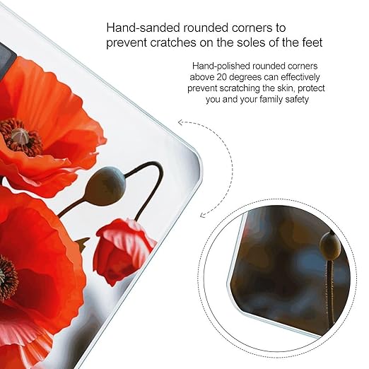 Poppy Flowers Vivid Petals Weight Scale Large Bathroom Scales Digital Weight with Bright LED Display Non Slip Automatic Weighing Scale Fashion Weighing Machine for Body