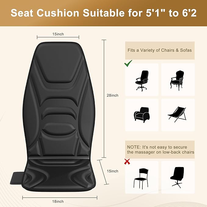 Back Massager Chair Pad with Heat Back Massager for Back Pain Relief Chair Massager with Vibration Portable Massage Chair Pad for Office Use Matte Black