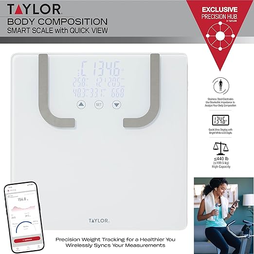 Taylor Smart Bathroom Scale with BIA Body Fat Analysis Bluetooth App Sync Digital Weight Monitor BMI &amp BMR Tracking 8 User Profiles 440 lb Capacity LED Display Glass Platform White
