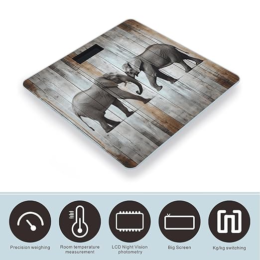 Elephant on Wood Scale for Body Weight Highly Accurate Digital Bathroom Scale Sturdy Tempered Glass Weighing Scales with LCD Display Fashion Body Fat Smart Scales 400lb