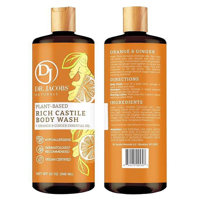 Dr. Jacobs Naturals Pure Castile Soap Liquid Body Wash Orange &amp Ginger - Plant Based Soap Infused with Vitamin E &amp Aloe Vera to Moisturize Dry and Sensitive Skin - Made in The USA - 32 oz Pa