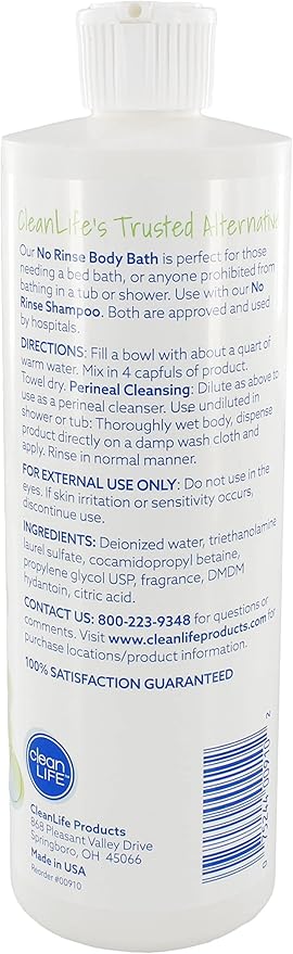 No-Rinse CleanLife Products Body Bath 16 fl oz (Pack of 12 Makes 192 Complete Baths) – Gentle Concentrated Liquid Body Wash Made in USA – Ideal for Post-Surgery Elderly Care Camping and Travel
