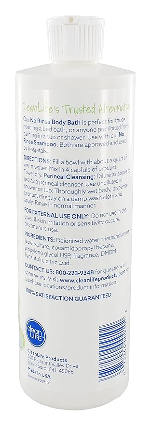 No-Rinse CleanLife Products Body Bath 16 fl oz (Pack of 3 Makes 48 Complete Baths) – Gentle Concentrated Liquid Body Wash Made in USA – Ideal for Post-Surgery Elderly Care Camping and Travel