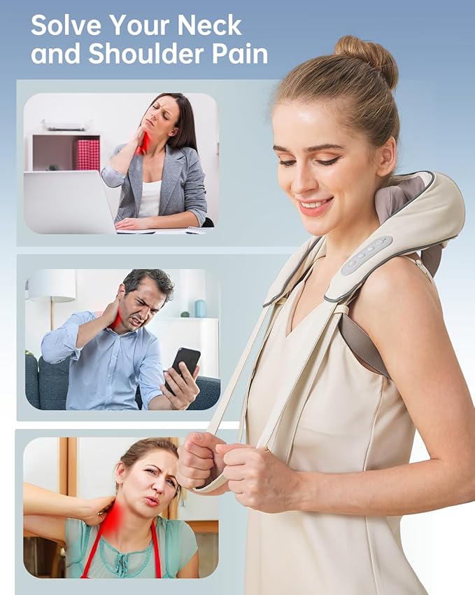 Neck and Shoulder Massager for Pain Relief Deep Tissue-Shiatsu Deep Kneading Massager with Heat to Relieve Neck Shoulder Back Waist Leg Muscle Soreness Fatigue (Beige)