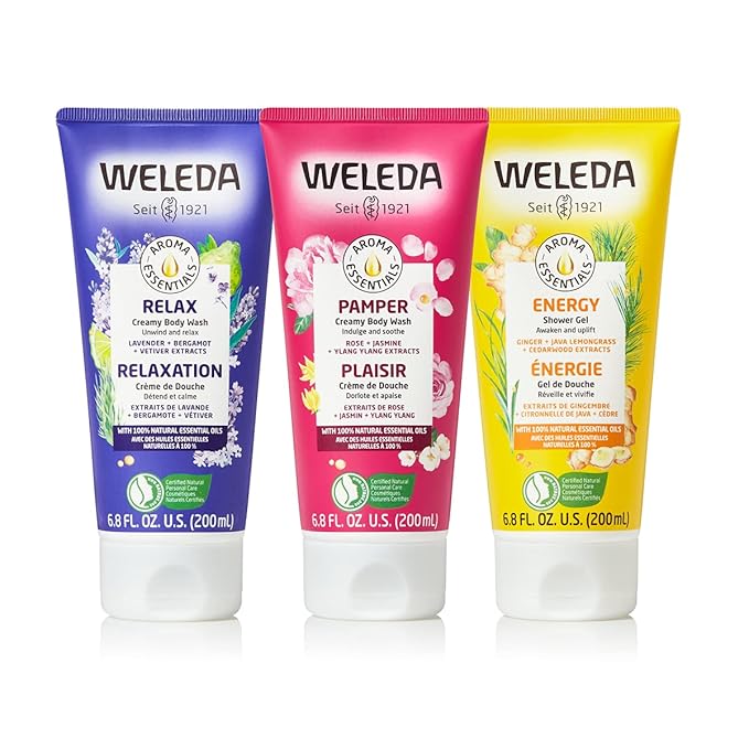 Weleda Aroma Essentials Body Wash Collection 6.8 Fluid Ounce (Pack of 3) Energy Shower Gel Pamper and Relax Body Wash Gentle Plant Rich Cleanser