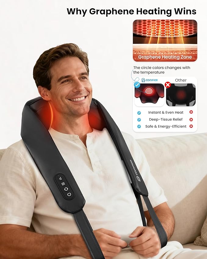COMFIER Shiatsu Neck Massager with Heat Cordless Neck and Shoulder Massager for Pain Relief Deep Tissue Graphene Heating 4D Kneading Massage Pillow -Black