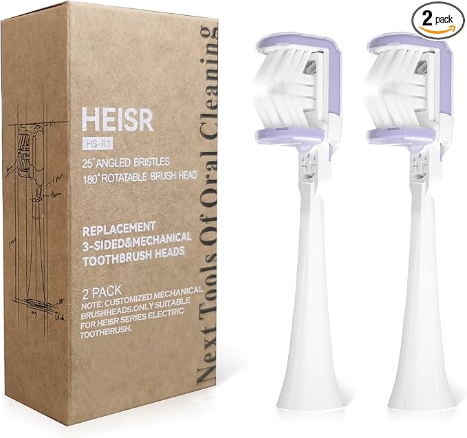 Premium Customized 3-Sided Ultra White Replacement Brush Heads Innovative 180° Rotatable Mechanical Brush Head 25° Angled Soft Bristles for Ultimate Cleaning with Heisr HS-X1 2 Count HS-R1
