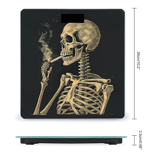 A Skeleton with Burning Cigarette Scale for Body Weight Safe Rounded Corners Tempered Glass Digital Bathroom Scale LED Display 400lb Capacity Weight Scales with High Precision Sensors