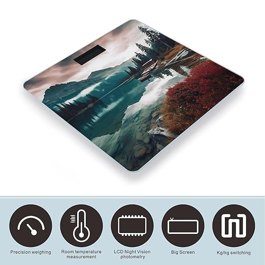 Scenic Lake Scale for Body Weight Anti-Slip Tempered Glass Digital Bathroom Scales Clear LCD Display Weighing Scale Safe Rounded Corners Smart Scales