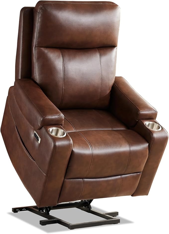 Triple Motor Power Lift Recliner Chair with Adjustable Lumbar Support Lay Flat Recliner for Elderly Breathable Brown Leather Recliner Lift Chair Massage &amp Heating USB Ports Cup Holders