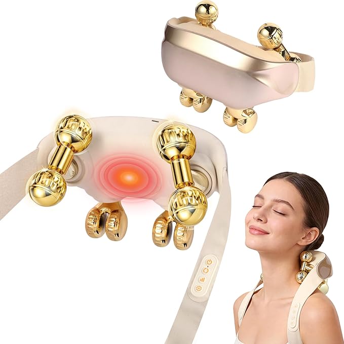 Neck and Shoulder Massager with Heat - Elegant Champagne Gold Massager with 4D Human-Like Shiatsu Grasping Hands-Free Design Soothing Warm Heat Cordless Relaxation Gift for Women &amp Men