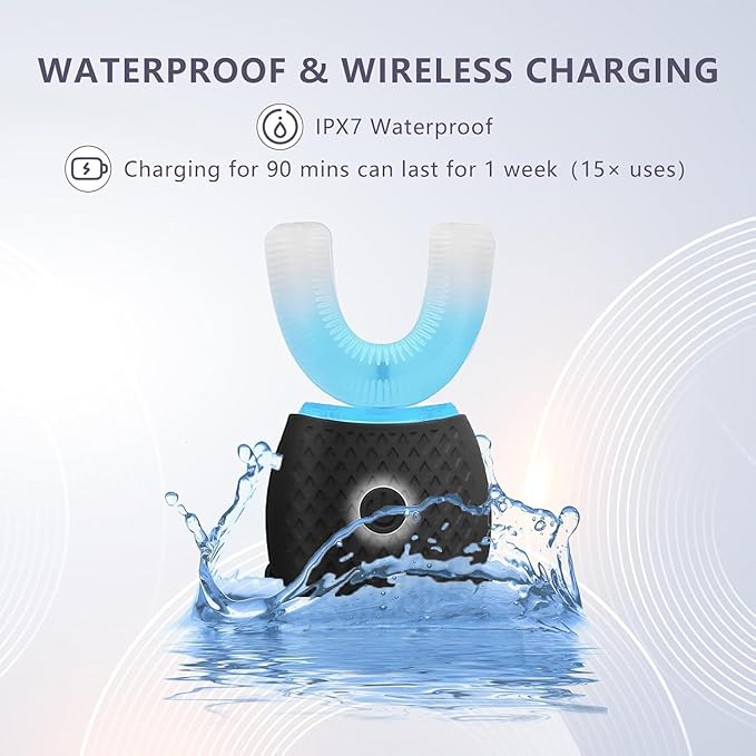 Smart U-Shaped Ultrasonic Toothbrush for Adults: 360° Full Mouth Cleaning with Auto Rotation Smart Pressure Sensor &amp LED Light Includes Foam Mousse 4 Brush Heads and Charging Base (black)