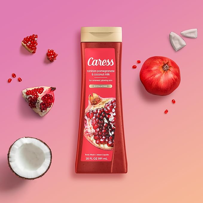 Caress Body Wash Tahitian Pomegranate &amp Coconut Milk Moisturizing Body Wash for Renewed Glowing Skin Exfoliating Body Soap Liquid 20 Fl Oz (Pack of 2)