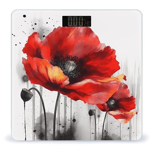 Beautiful Poppy Flower Ink Weight Scale Large Bathroom Scales Digital Weight with Bright LED Display Non Slip Automatic Weighing Scale Fashion Weighing Machine for Body