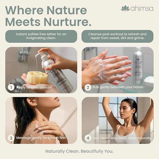 Ahimsa Natural Body Wash for Women 10oz + Organic Daily Shampoo Hydrating &amp Moisturizing Body Wash for Sensitive Skin with Ginger &amp Spearmint and Gentle Daily Shampoo for Dry Curly Damaged