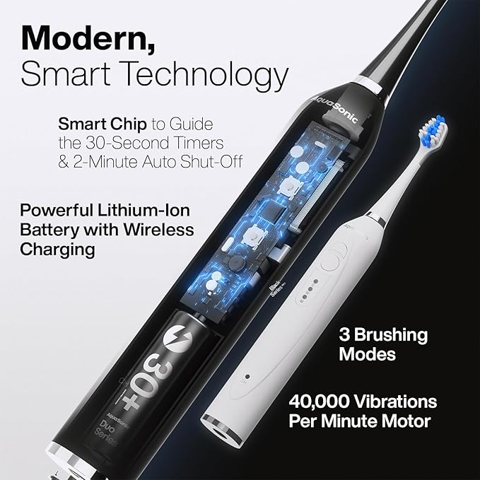 Aquasonic Duo - Dual Handle Ultra Whitening 40000 VPM Wireless Charging Electric ToothBrushes - 3 Modes with Smart Timers - 10 Dupont Brush Heads &amp 2 Travel Cases Included (Pack of 2)