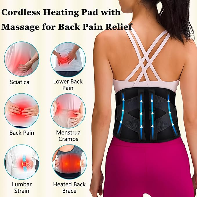 Cordless Heating Pad with Massager Back Brace Heating Pad for Back Pain Relief Heated Back Support Belt with 3 Heating &amp Vibration Modes Rechargeable Low Back Massager for Women Men