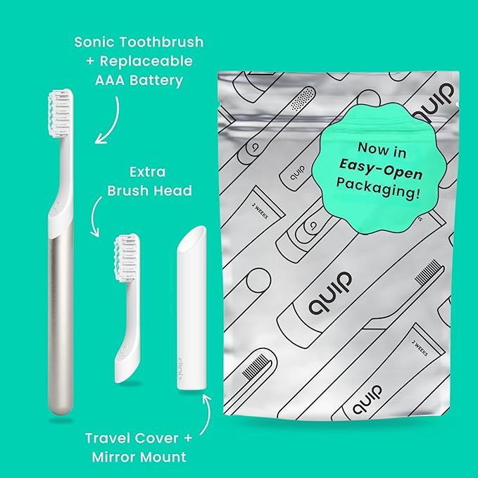 Quip Metal Sonic Electric Toothbrush for Adults - Time Travel &amp Soft Bristles with Travel Case &amp Replacement Brush Head - 3 Month Battery Life Champagne