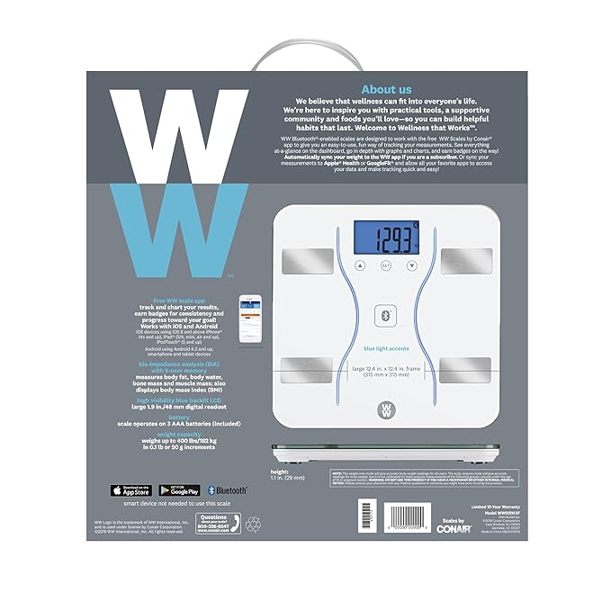 Weight Watchers Scales by Conair Bathroom Scale for Body Weight Glass Digital Scale Body Analysis Measures Body Fat Body Water BMI Bone Mass &amp Muscle Measures Weight up to 400 Lbs White