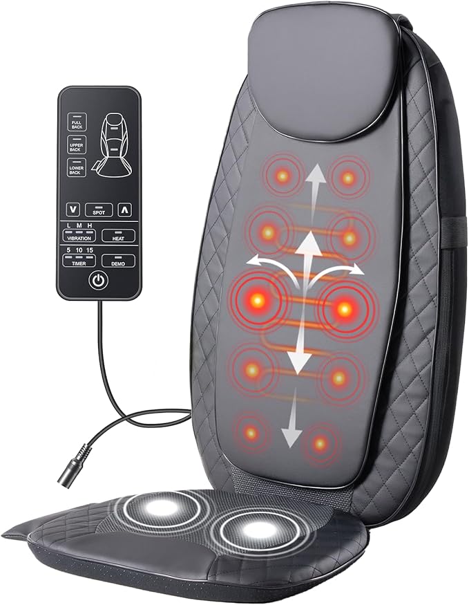 OLIXIS Massage Chair Pad with Heat Chair Massager with 4 Deep-Kneading for Office Home Shiatsu Back Massager for Pain Relief Portable Folding Grey