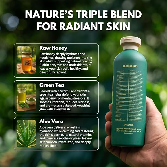 PRIMALS Natural Body Wash - Aloe Vera Raw Honey Green Tea - Natural Ingredients - Zero Artificial Fragrances Sulfates Parabens or Dyes - 13.5 Fl Oz