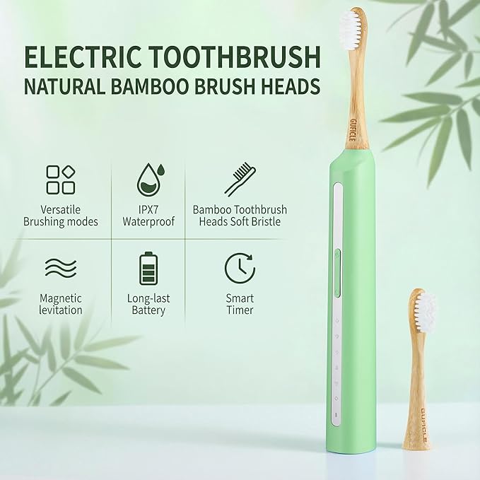 Bamboo Electric Toothbrush丨Rechargeable Electric Toothbrush with 4 Bamboo Heads Soft Castor Oil Bristles5 Moedes&amp3 Intensities 45 Days Battery Life IPX7 Waterproof-Light Green