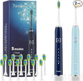 7AM2M Electric Toothbrush 2 Pack Set for Adults 12 Replacement Brush Heads 5 Adjustable Modes Built-in 2-Minute Smart Timer Fast Charge for 60 Days IPX7 Waterproof Navy &amp Light Blue