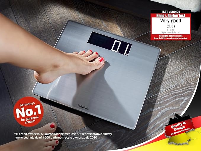 Soehnle Digital Personal Scale Style Sense Safe 300 – High Precision Bathroom Scale with XXL Stainless Steel Surface Anti-Fingerprint Auto On/Off Large LCD Display 180kg Capacity