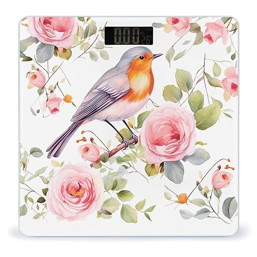 Digital Bathroom Scale for Body Weight Scale with Bright LCD Display High Accuracy Step-On Technology Auto On/Off Floral Print Watercolor Robin Bird Digital Scales 400 Lbs /180kg