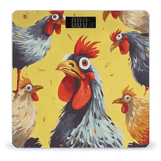 Art Chicken Painting Scale for Body Weight High Precision Digital Weight Scales with LCD Display Anti-Slip Sturdy Slim Tempered Glass Bathroom Scale for Home Use