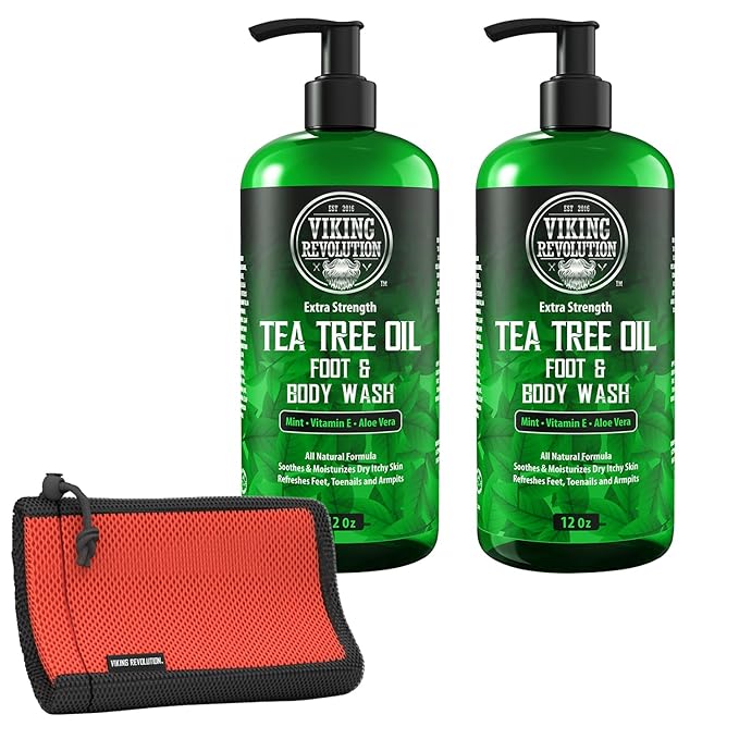 Viking Revolution Men's Tea Tree Oil Body Wash (12 Fl Oz Each 2 Pack) and Soap Bag with Drawstring (5.9x3.7 1 Piece) - Helps Athlete's Foot Toenail Jock Itch Eczema Ringworm &amp Body Odors