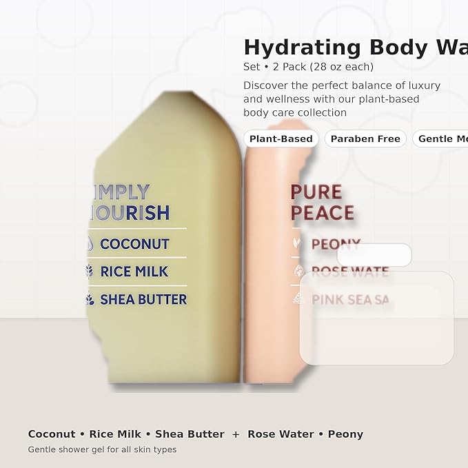 Plant-Based Body Wash Set 2 Pack (56oz Total) - Paraben Free Moisturizing Shower Gel - Coconut Shea Butter &amp Rose Water - Sensitive Skin Safe